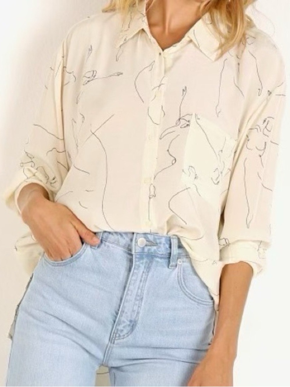 ASTR The Label Size Medium Cream Agnes Abstract Ballet Sketch Button Down Blouse
